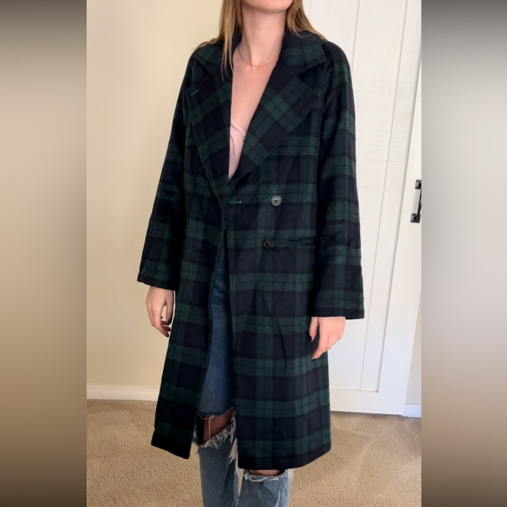 Avec Les Filles Navy and Dark Green Plaid Long Single Breasted Coat size small